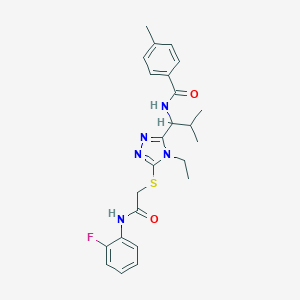 molecular formula C24H28FN5O2S B301655 N-{1-[4-ethyl-5-({2-[(2-fluorophenyl)amino]-2-oxoethyl}sulfanyl)-4H-1,2,4-triazol-3-yl]-2-methylpropyl}-4-methylbenzamide 