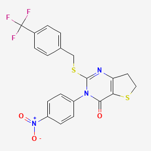 molecular formula C20H14F3N3O3S2 B3016608 3-(4-nitrophenyl)-2-((4-(trifluoromethyl)benzyl)thio)-6,7-dihydrothieno[3,2-d]pyrimidin-4(3H)-one CAS No. 850916-03-9