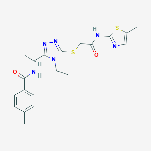 molecular formula C20H24N6O2S2 B301663 N-{1-[4-ethyl-5-({2-[(5-methyl-1,3-thiazol-2-yl)amino]-2-oxoethyl}sulfanyl)-4H-1,2,4-triazol-3-yl]ethyl}-4-methylbenzamide 