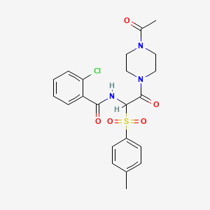 molecular formula C22H24ClN3O5S B3016700 N-(2-(4-acetylpiperazin-1-yl)-2-oxo-1-tosylethyl)-2-chlorobenzamide CAS No. 1032189-90-4