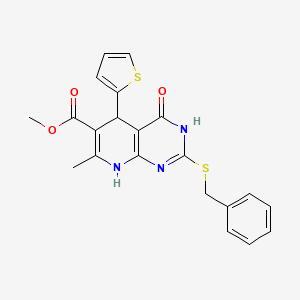 molecular formula C21H19N3O3S2 B3016710 Methyl 2-(benzylsulfanyl)-7-methyl-4-oxo-5-(thiophen-2-yl)-3,4,5,8-tetrahydropyrido[2,3-d]pyrimidine-6-carboxylate CAS No. 537047-01-1