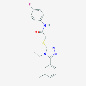 molecular formula C19H19FN4OS B301673 2-{[4-ethyl-5-(3-methylphenyl)-4H-1,2,4-triazol-3-yl]sulfanyl}-N-(4-fluorophenyl)acetamide 