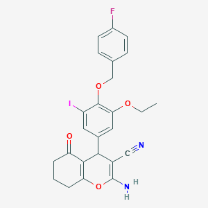 molecular formula C25H22FIN2O4 B301680 2-amino-4-{3-ethoxy-4-[(4-fluorobenzyl)oxy]-5-iodophenyl}-5-oxo-5,6,7,8-tetrahydro-4H-chromene-3-carbonitrile 