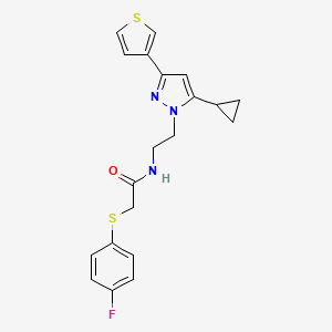 molecular formula C20H20FN3OS2 B3016804 N-(2-(5-cyclopropyl-3-(thiophen-3-yl)-1H-pyrazol-1-yl)ethyl)-2-((4-fluorophenyl)thio)acetamide CAS No. 2034633-68-4
