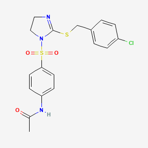molecular formula C18H18ClN3O3S2 B3016809 N-[4-[[2-[(4-chlorophenyl)methylsulfanyl]-4,5-dihydroimidazol-1-yl]sulfonyl]phenyl]acetamide CAS No. 868217-37-2