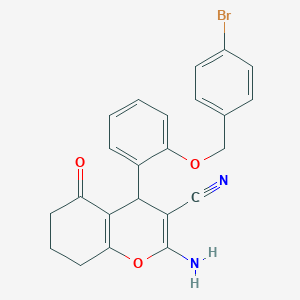 molecular formula C23H19BrN2O3 B301682 2-amino-4-{2-[(4-bromobenzyl)oxy]phenyl}-5-oxo-5,6,7,8-tetrahydro-4H-chromene-3-carbonitrile 