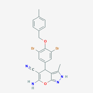 molecular formula C22H18Br2N4O2 B301684 6-Amino-4-{3,5-dibromo-4-[(4-methylbenzyl)oxy]phenyl}-3-methyl-1,4-dihydropyrano[2,3-c]pyrazole-5-carbonitrile 