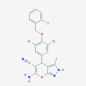 molecular formula C21H15Br2ClN4O2 B301688 6-Amino-4-{3,5-dibromo-4-[(2-chlorobenzyl)oxy]phenyl}-3-methyl-1,4-dihydropyrano[2,3-c]pyrazole-5-carbonitrile 