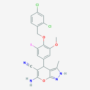 molecular formula C22H17Cl2IN4O3 B301689 6-Amino-4-{4-[(2,4-dichlorobenzyl)oxy]-3-iodo-5-methoxyphenyl}-3-methyl-1,4-dihydropyrano[2,3-c]pyrazole-5-carbonitrile 