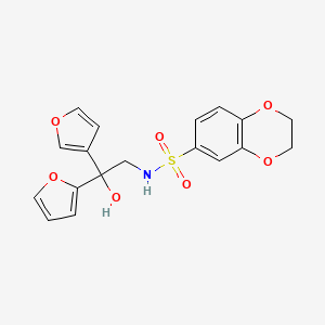 molecular formula C18H17NO7S B3016899 N-(2-(furan-2-yl)-2-(furan-3-yl)-2-hydroxyethyl)-2,3-dihydrobenzo[b][1,4]dioxine-6-sulfonamide CAS No. 2034482-31-8