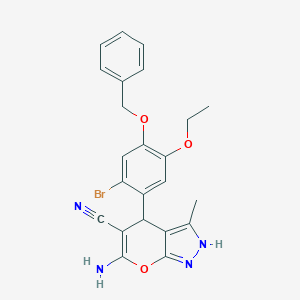 molecular formula C23H21BrN4O3 B301691 6-Amino-4-[4-(benzyloxy)-2-bromo-5-ethoxyphenyl]-3-methyl-1,4-dihydropyrano[2,3-c]pyrazole-5-carbonitrile 