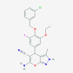 molecular formula C23H20ClIN4O3 B301693 6-Amino-4-{4-[(3-chlorobenzyl)oxy]-3-ethoxy-5-iodophenyl}-3-methyl-1,4-dihydropyrano[2,3-c]pyrazole-5-carbonitrile 