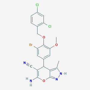 molecular formula C22H17BrCl2N4O3 B301694 6-Amino-4-{3-bromo-4-[(2,4-dichlorobenzyl)oxy]-5-methoxyphenyl}-3-methyl-1,4-dihydropyrano[2,3-c]pyrazole-5-carbonitrile 