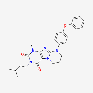 molecular formula C26H29N5O3 B3016947 3-isopentyl-1-methyl-9-(4-phenoxyphenyl)-6,7,8,9-tetrahydropyrimido[2,1-f]purine-2,4(1H,3H)-dione CAS No. 873076-85-8