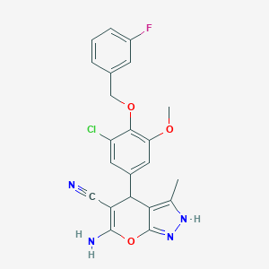 molecular formula C22H18ClFN4O3 B301695 6-Amino-4-{3-chloro-4-[(3-fluorobenzyl)oxy]-5-methoxyphenyl}-3-methyl-1,4-dihydropyrano[2,3-c]pyrazole-5-carbonitrile 