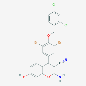 molecular formula C23H14Br2Cl2N2O3 B301696 2-amino-4-{3,5-dibromo-4-[(2,4-dichlorobenzyl)oxy]phenyl}-7-hydroxy-4H-chromene-3-carbonitrile 