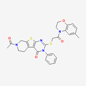 molecular formula C28H26N4O4S2 B3016974 7-acetyl-2-((2-(6-methyl-2H-benzo[b][1,4]oxazin-4(3H)-yl)-2-oxoethyl)thio)-3-phenyl-5,6,7,8-tetrahydropyrido[4',3':4,5]thieno[2,3-d]pyrimidin-4(3H)-one CAS No. 1189680-72-5
