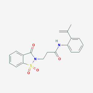 molecular formula C19H18N2O4S B301698 3-(1,1-dioxido-3-oxo-1,2-benzisothiazol-2(3H)-yl)-N-(2-isopropenylphenyl)propanamide 