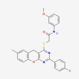 molecular formula C27H22FN3O3S B3016983 2-((2-(4-fluorophenyl)-7-methyl-5H-chromeno[2,3-d]pyrimidin-4-yl)thio)-N-(3-methoxyphenyl)acetamide CAS No. 872196-88-8