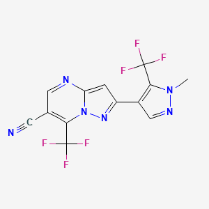 molecular formula C13H6F6N6 B3016990 2-[1-methyl-5-(trifluoromethyl)-1H-pyrazol-4-yl]-7-(trifluoromethyl)pyrazolo[1,5-a]pyrimidine-6-carbonitrile CAS No. 957010-44-5