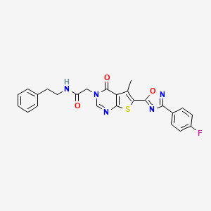 molecular formula C25H20FN5O3S B3017050 2-(6-(3-(4-fluorophenyl)-1,2,4-oxadiazol-5-yl)-5-methyl-4-oxothieno[2,3-d]pyrimidin-3(4H)-yl)-N-phenethylacetamide CAS No. 1296346-07-0