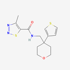 molecular formula C14H17N3O2S2 B3017063 4-methyl-N-((4-(thiophen-3-yl)tetrahydro-2H-pyran-4-yl)methyl)-1,2,3-thiadiazole-5-carboxamide CAS No. 2309778-63-8