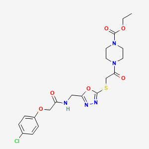 molecular formula C20H24ClN5O6S B3017131 1-羧酸乙酯-4-(2-((5-((2-(4-氯苯氧基)乙酰胺)甲基)-1,3,4-恶二唑-2-基)硫代)乙酰基)哌嗪 CAS No. 851784-95-7