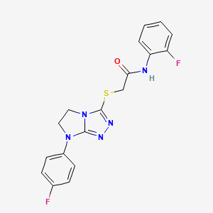 molecular formula C18H15F2N5OS B3017181 N-(2-fluorophenyl)-2-((7-(4-fluorophenyl)-6,7-dihydro-5H-imidazo[2,1-c][1,2,4]triazol-3-yl)thio)acetamide CAS No. 921834-00-6