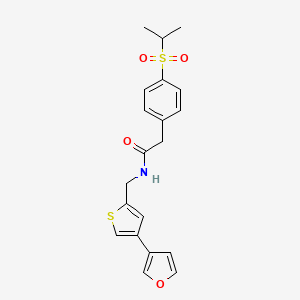 molecular formula C20H21NO4S2 B3017241 N-[[4-(Furan-3-yl)thiophen-2-yl]methyl]-2-(4-propan-2-ylsulfonylphenyl)acetamide CAS No. 2380044-13-1