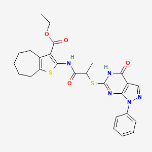 ethyl 2-(2-((4-oxo-1-phenyl-4,5-dihydro-1H-pyrazolo[3,4-d]pyrimidin-6-yl)thio)propanamido)-5,6,7,8-tetrahydro-4H-cyclohepta[b]thiophene-3-carboxylate