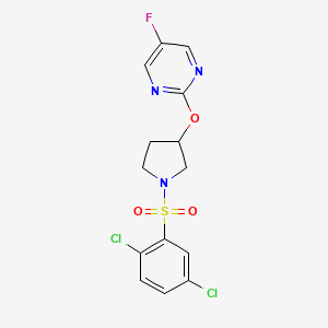 molecular formula C14H12Cl2FN3O3S B3017248 2-((1-((2,5-Dichlorophenyl)sulfonyl)pyrrolidin-3-yl)oxy)-5-fluoropyrimidine CAS No. 2034579-53-6