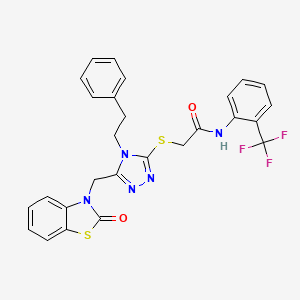 molecular formula C27H22F3N5O2S2 B3017356 2-((5-((2-oxobenzo[d]thiazol-3(2H)-yl)methyl)-4-phenethyl-4H-1,2,4-triazol-3-yl)thio)-N-(2-(trifluoromethyl)phenyl)acetamide CAS No. 896677-80-8