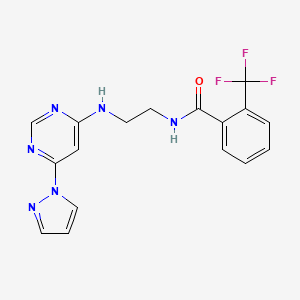 molecular formula C17H15F3N6O B3017390 N-(2-((6-(1H-吡唑-1-基)嘧啶-4-基)氨基)乙基)-2-(三氟甲基)苯甲酰胺 CAS No. 1171629-94-9