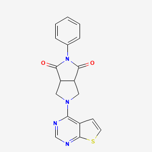 molecular formula C18H14N4O2S B3017394 5-Phenyl-2-thieno[2,3-d]pyrimidin-4-yl-1,3,3a,6a-tetrahydropyrrolo[3,4-c]pyrrole-4,6-dione CAS No. 2415566-58-2