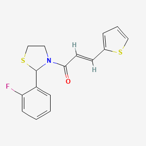 molecular formula C16H14FNOS2 B3017408 (E)-1-(2-(2-fluorophenyl)thiazolidin-3-yl)-3-(thiophen-2-yl)prop-2-en-1-one CAS No. 2321336-16-5