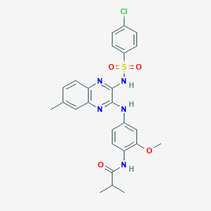 molecular formula C26H26ClN5O4S B301742 N-{4-[(3-{[(4-chlorophenyl)sulfonyl]amino}-7-methyl-2-quinoxalinyl)amino]-2-methoxyphenyl}-2-methylpropanamide 