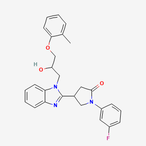 molecular formula C27H26FN3O3 B3017445 1-(3-Fluorophenyl)-4-[1-[2-hydroxy-3-(2-methylphenoxy)propyl]benzimidazol-2-yl]pyrrolidin-2-one CAS No. 1018125-38-6