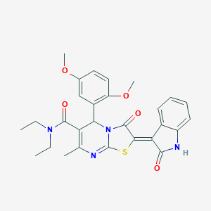 molecular formula C28H28N4O5S B301748 5-(2,5-dimethoxyphenyl)-N,N-diethyl-7-methyl-3-oxo-2-(2-oxo-1,2-dihydro-3H-indol-3-ylidene)-2,3-dihydro-5H-[1,3]thiazolo[3,2-a]pyrimidine-6-carboxamide 