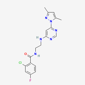 molecular formula C18H18ClFN6O B3017513 2-chloro-N-(2-((6-(3,5-dimethyl-1H-pyrazol-1-yl)pyrimidin-4-yl)amino)ethyl)-4-fluorobenzamide CAS No. 1171220-46-4