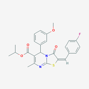 molecular formula C25H23FN2O4S B301753 propan-2-yl (2E)-2-(4-fluorobenzylidene)-5-(3-methoxyphenyl)-7-methyl-3-oxo-2,3-dihydro-5H-[1,3]thiazolo[3,2-a]pyrimidine-6-carboxylate 