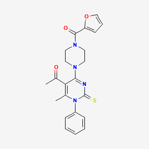 molecular formula C22H22N4O3S B3017548 1-{4-[4-(2-Furoyl)-1-piperazinyl]-6-methyl-1-phenyl-2-thioxo-1,2-dihydro-5-pyrimidinyl}ethanone CAS No. 685131-52-6