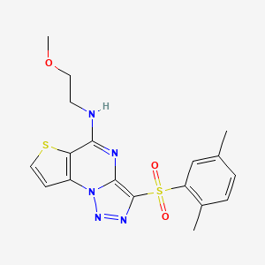 molecular formula C18H19N5O3S2 B3017570 3-[(2,5-dimethylphenyl)sulfonyl]-N-(2-methoxyethyl)thieno[2,3-e][1,2,3]triazolo[1,5-a]pyrimidin-5-amine CAS No. 892745-98-1