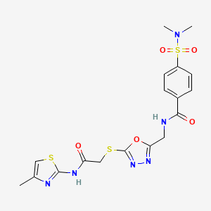 molecular formula C18H20N6O5S3 B3017583 4-(N,N-二甲基磺酰氨基)-N-((5-((2-((4-甲基噻唑-2-基)氨基)-2-氧代乙基)硫代)-1,3,4-恶二唑-2-基)甲基)苯甲酰胺 CAS No. 1396885-73-6