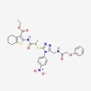 molecular formula C31H32N6O7S2 B3017628 Ethyl 2-[2-[[4-(4-nitrophenyl)-5-[[(2-phenoxyacetyl)amino]methyl]-1,2,4-triazol-3-yl]sulfanyl]propanoylamino]-4,5,6,7-tetrahydro-1-benzothiophene-3-carboxylate CAS No. 393816-22-3