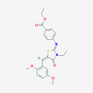 molecular formula C23H24N2O5S B301763 Ethyl 4-{[5-(2,5-dimethoxybenzylidene)-3-ethyl-4-oxo-1,3-thiazolidin-2-ylidene]amino}benzoate 
