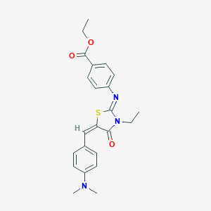 molecular formula C23H25N3O3S B301764 Ethyl 4-({5-[4-(dimethylamino)benzylidene]-3-ethyl-4-oxo-1,3-thiazolidin-2-ylidene}amino)benzoate 
