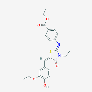 molecular formula C23H24N2O5S B301765 Ethyl 4-{[5-(3-ethoxy-4-hydroxybenzylidene)-3-ethyl-4-oxo-1,3-thiazolidin-2-ylidene]amino}benzoate 