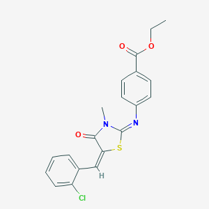 molecular formula C20H17ClN2O3S B301766 Ethyl 4-{[5-(2-chlorobenzylidene)-3-methyl-4-oxo-1,3-thiazolidin-2-ylidene]amino}benzoate 
