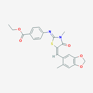 molecular formula C22H20N2O5S B301767 Ethyl 4-({3-methyl-5-[(6-methyl-1,3-benzodioxol-5-yl)methylene]-4-oxo-1,3-thiazolidin-2-ylidene}amino)benzoate 