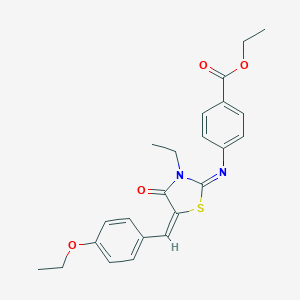 molecular formula C23H24N2O4S B301768 Ethyl 4-{[5-(4-ethoxybenzylidene)-3-ethyl-4-oxo-1,3-thiazolidin-2-ylidene]amino}benzoate 